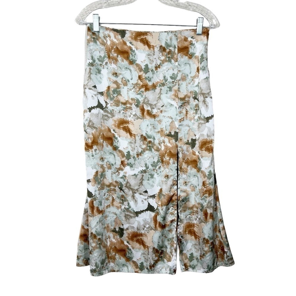 Bohme Womens Boho Multicolor Printed Satin Midi Skirt Side Slit Size Medium